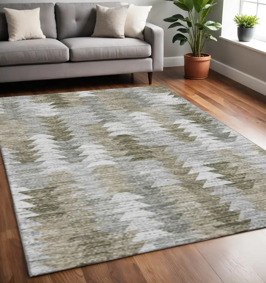 Brown Ivory And Gray Geometric Washable Area Rug With UV Protection Photo 2