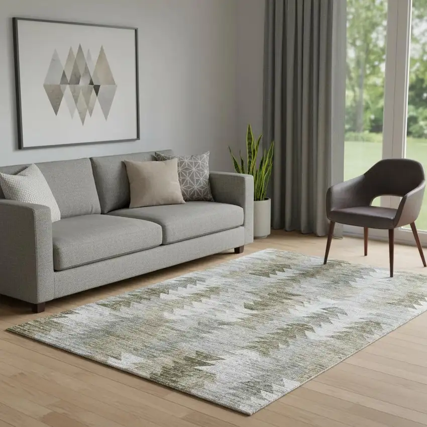 Brown Ivory And Gray Geometric Washable Area Rug With UV Protection Photo 1