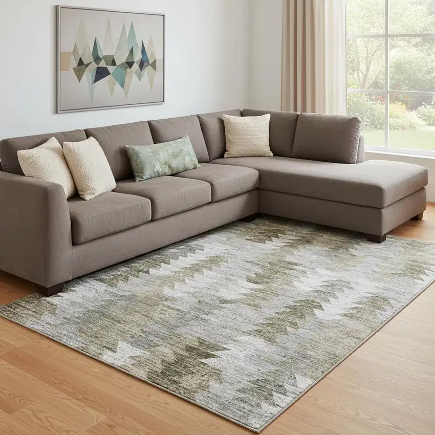 Brown Ivory And Gray Geometric Washable Area Rug With UV Protection Photo 1