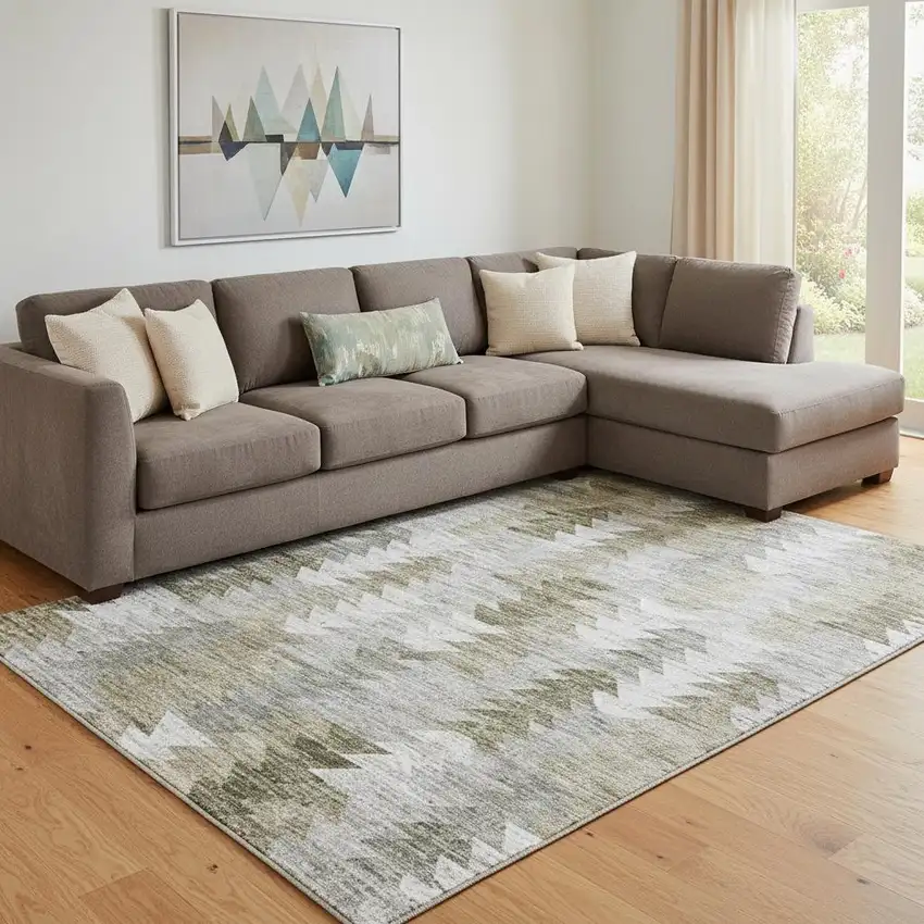 Brown Ivory And Gray Geometric Washable Area Rug With UV Protection Photo 1