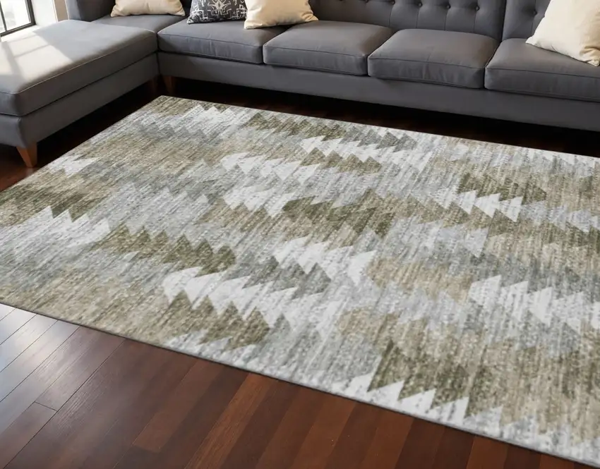 Brown Ivory And Gray Geometric Washable Area Rug With UV Protection Photo 2