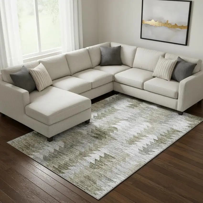 Brown Ivory And Gray Geometric Washable Area Rug With UV Protection Photo 1