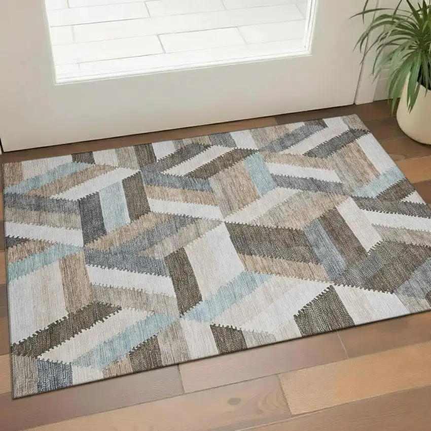 Brown Ivory And Gray Geometric Washable Area Rug With UV Protection Photo 2