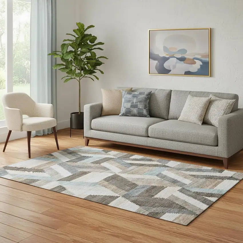 Brown Ivory And Gray Geometric Washable Area Rug With UV Protection Photo 2
