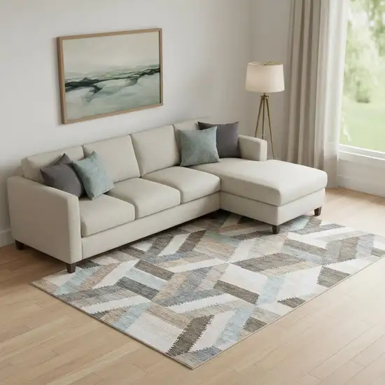 Brown Ivory And Gray Geometric Washable Area Rug With UV Protection Photo 2