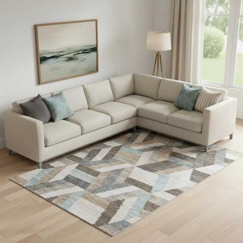 Brown Ivory And Gray Geometric Washable Area Rug With UV Protection Photo 2