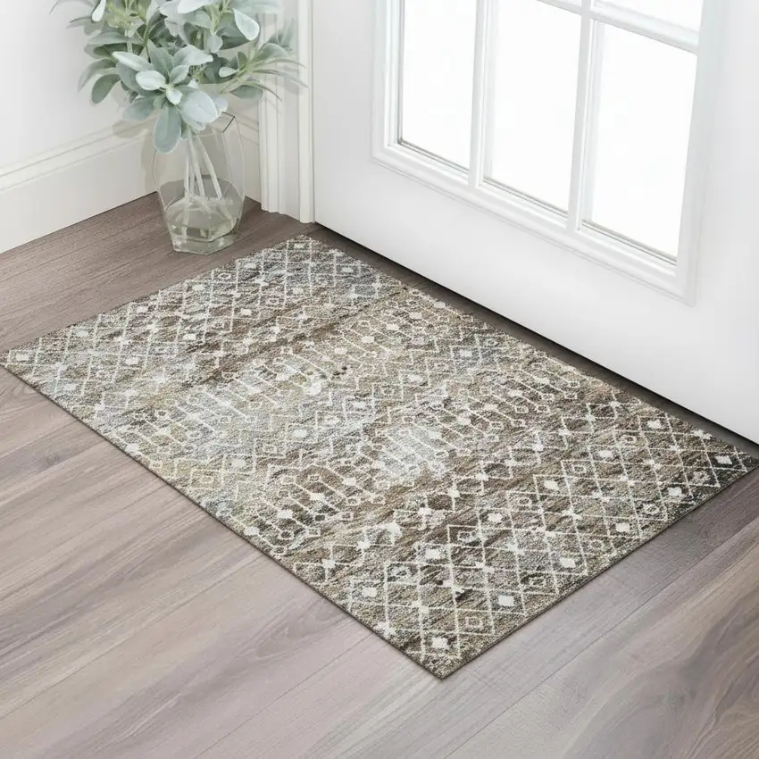 Brown Ivory And Gray Geometric Washable Area Rug With UV Protection Photo 2
