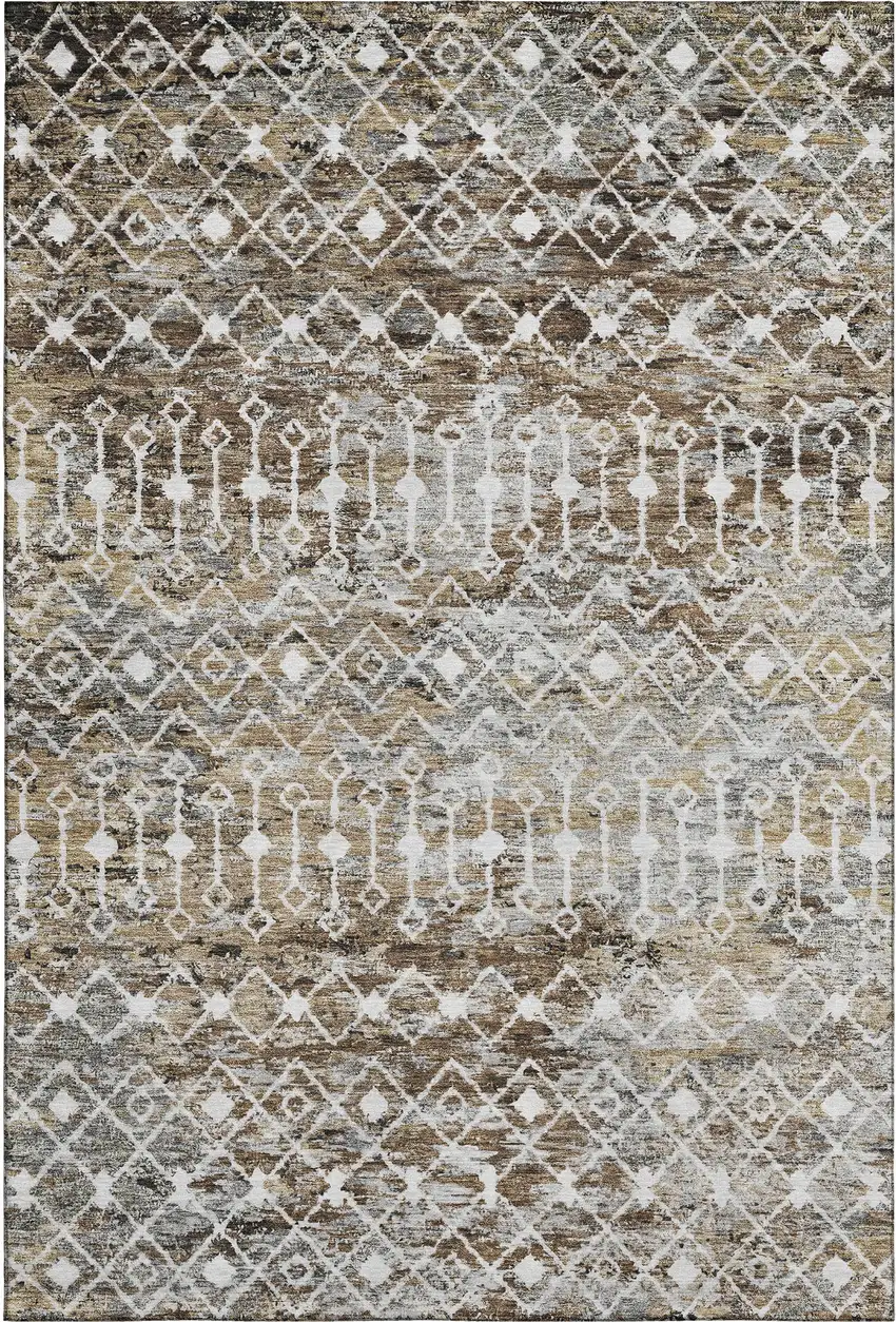Brown Ivory And Gray Geometric Washable Area Rug With UV Protection Photo 1
