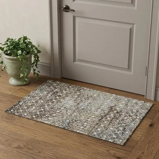 Brown Ivory And Gray Geometric Washable Area Rug With UV Protection Photo 1