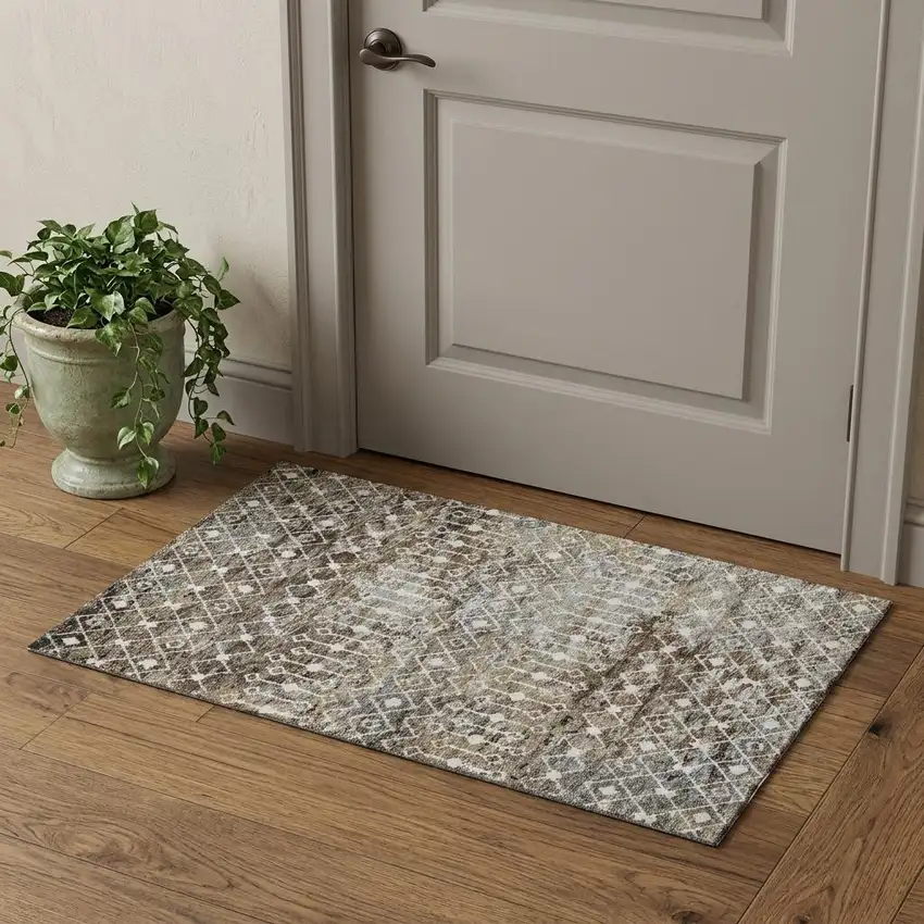 Brown Ivory And Gray Geometric Washable Area Rug With UV Protection Photo 1