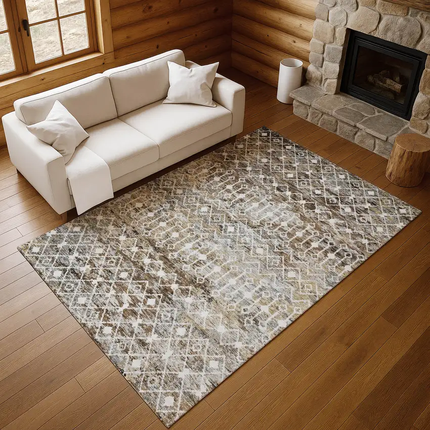 Brown Ivory And Gray Geometric Washable Area Rug With UV Protection Photo 5