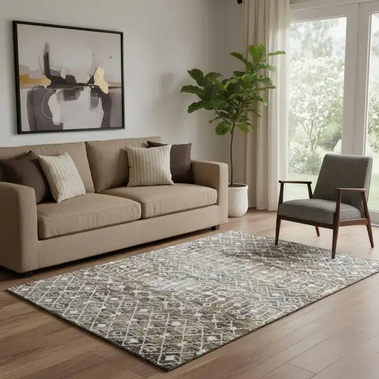 Brown Ivory And Gray Geometric Washable Area Rug With UV Protection Photo 2