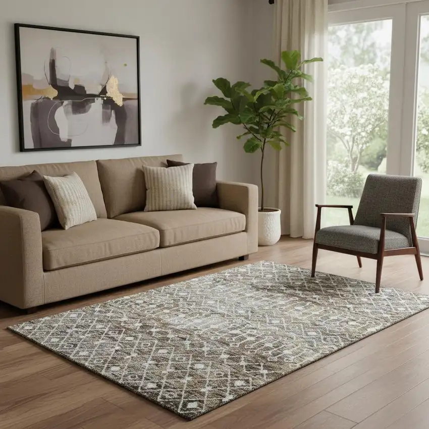 Brown Ivory And Gray Geometric Washable Area Rug With UV Protection Photo 2