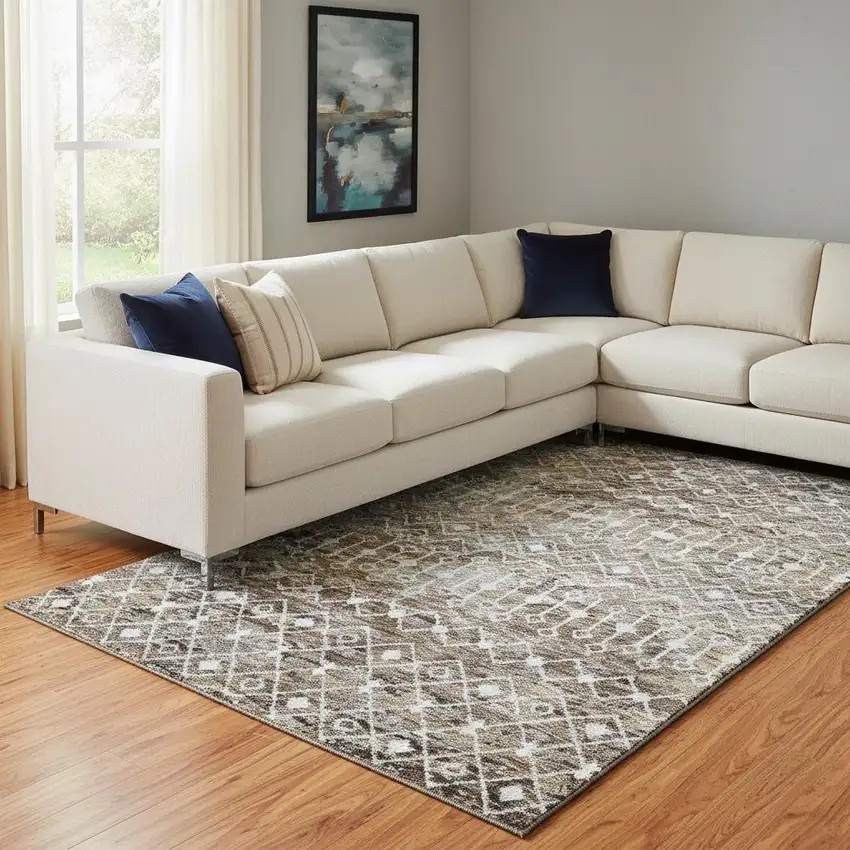 Brown Ivory And Gray Geometric Washable Area Rug With UV Protection Photo 2