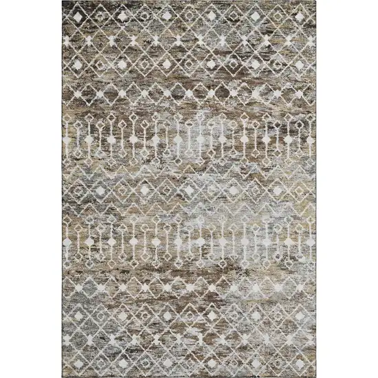 Brown Ivory And Gray Geometric Washable Area Rug With UV Protection Photo 1