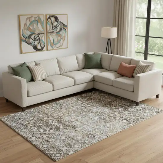 Brown Ivory And Gray Geometric Washable Area Rug With UV Protection Photo 2