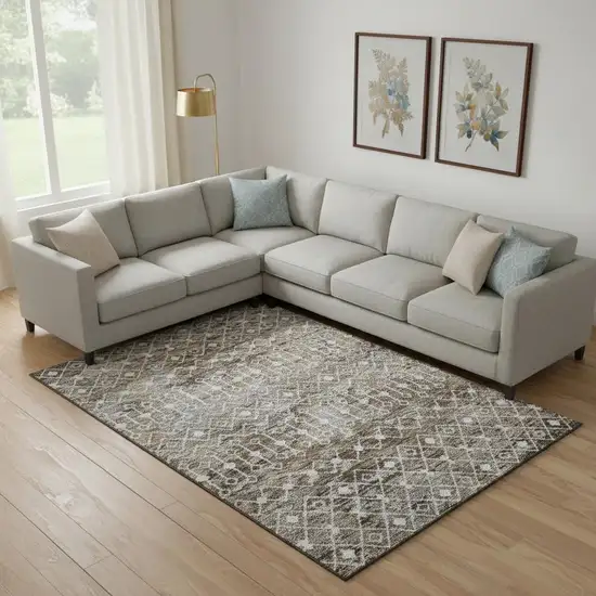 Brown Ivory And Gray Geometric Washable Area Rug With UV Protection Photo 2