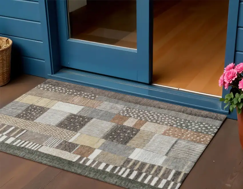 Brown Ivory And Gray Geometric Washable Indoor Outdoor Area Rug Photo 2