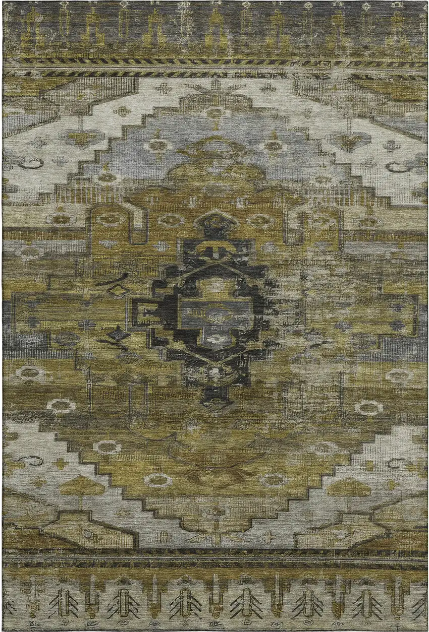 Brown Ivory And Gray Oriental Washable Area Rug With UV Protection Photo 1