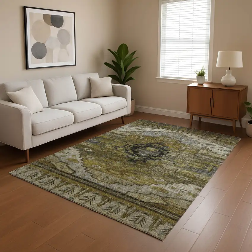 Brown Ivory And Gray Oriental Washable Area Rug With UV Protection Photo 4