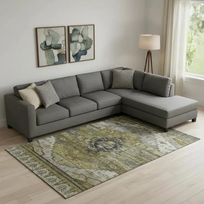 Brown Ivory And Gray Oriental Washable Area Rug With UV Protection Photo 2