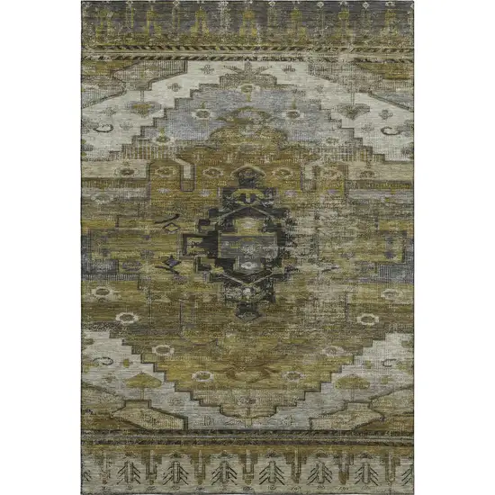 Brown Ivory And Gray Oriental Washable Area Rug With UV Protection Photo 1