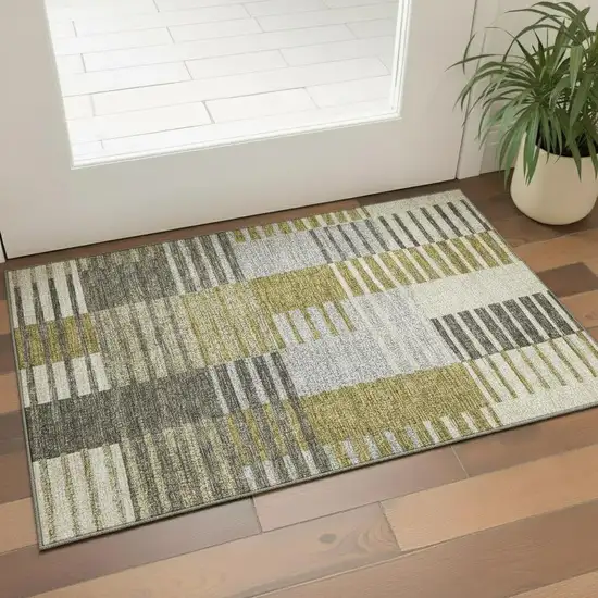 Brown Ivory And Gray Striped Washable Area Rug With UV Protection Photo 1