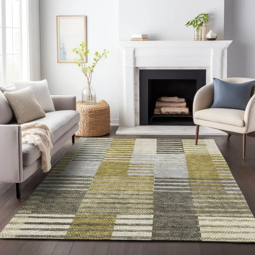 Brown Ivory And Gray Striped Washable Area Rug With UV Protection Photo 4