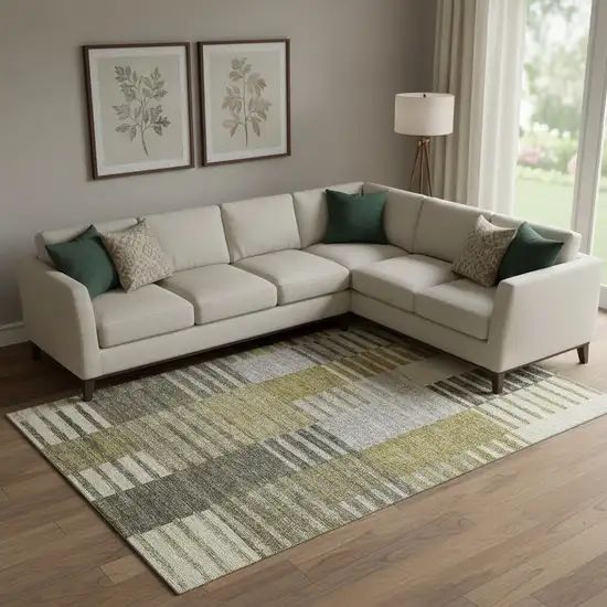 Brown Ivory And Gray Striped Washable Area Rug With UV Protection Photo 1