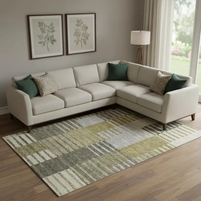 Brown Ivory And Gray Striped Washable Area Rug With UV Protection Photo 1