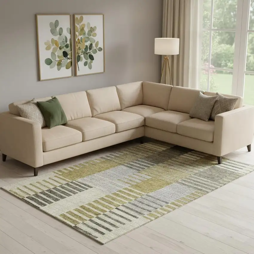 Brown Ivory And Gray Striped Washable Area Rug With UV Protection Photo 1