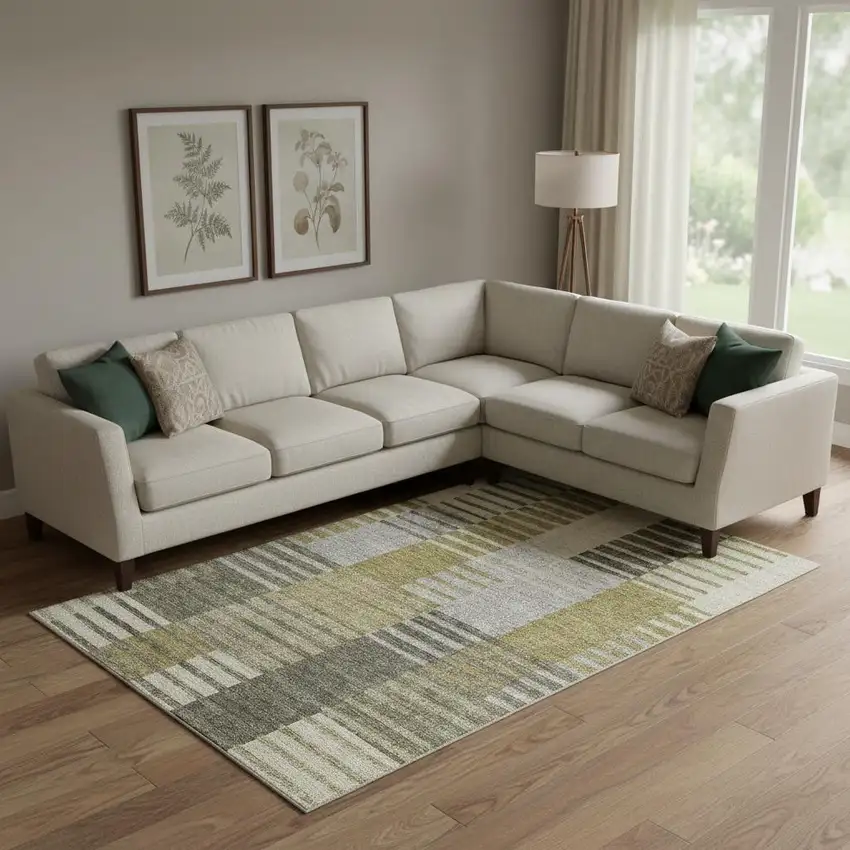 Brown Ivory And Gray Striped Washable Area Rug With UV Protection Photo 1