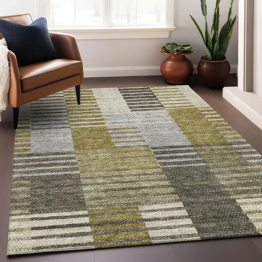 Brown Ivory And Gray Striped Washable Area Rug With UV Protection Photo 5