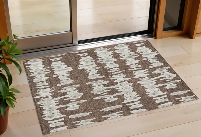 Brown Ivory And Gray Striped Washable Indoor Outdoor Area Rug Photo 1