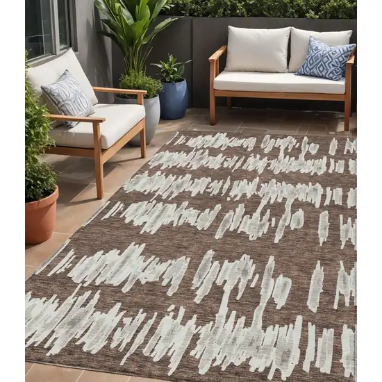 Brown Ivory And Gray Striped Washable Indoor Outdoor Area Rug Photo 1