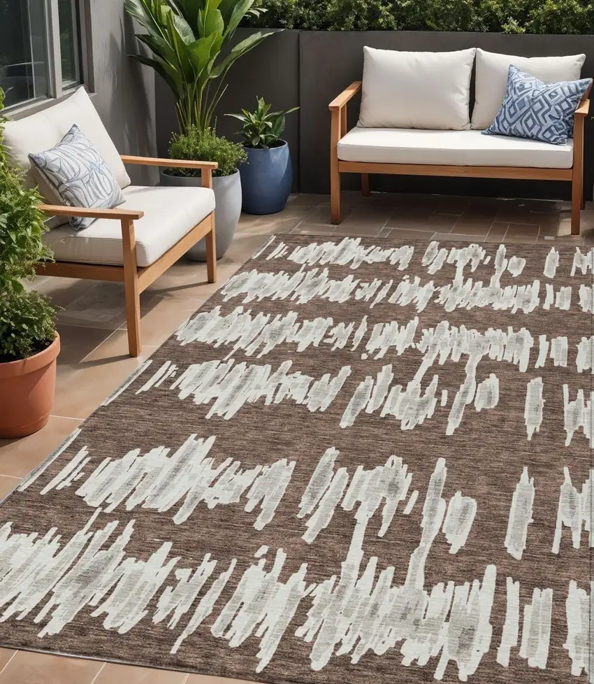 Brown Ivory And Gray Striped Washable Indoor Outdoor Area Rug Photo 1