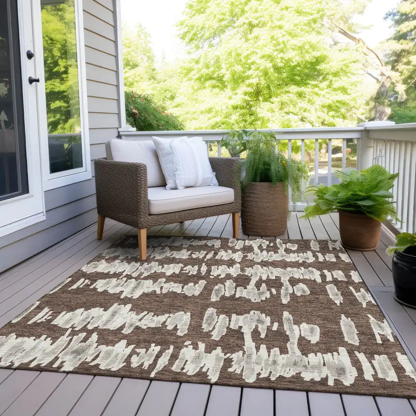 Brown Ivory And Gray Striped Washable Indoor Outdoor Area Rug Photo 9