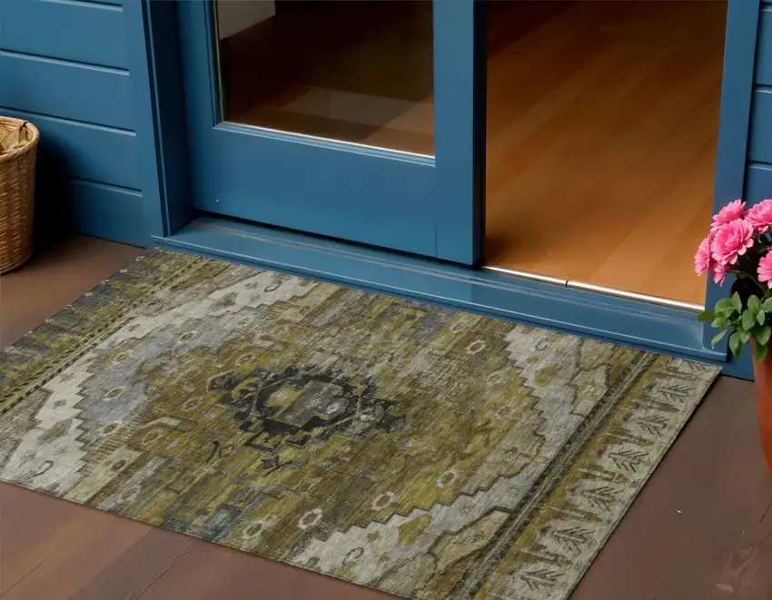 Brown Ivory And Gray Tribal Washable Indoor Outdoor Area Rug Photo 2