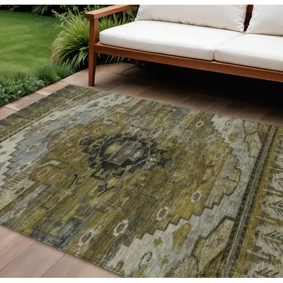 Brown Ivory And Gray Tribal Washable Indoor Outdoor Area Rug Photo 1