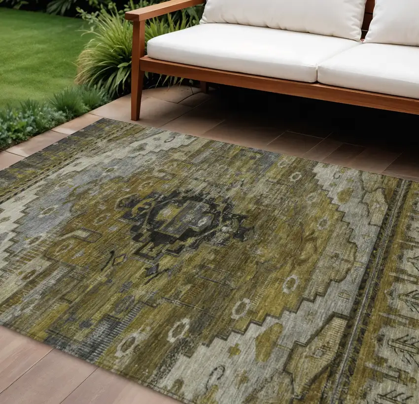 Brown Ivory And Gray Tribal Washable Indoor Outdoor Area Rug Photo 1