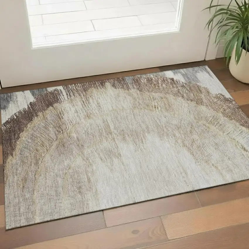 Brown Ivory And Gray Woodland Lodge Washable Area Rug With UV Protection Photo 1
