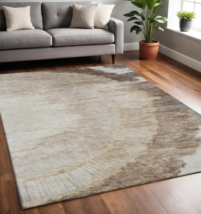Brown Ivory And Gray Woodland Lodge Washable Area Rug With UV Protection Photo 2