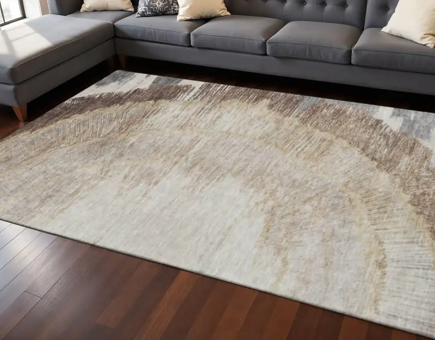 Brown Ivory And Gray Woodland Lodge Washable Area Rug With UV Protection Photo 2