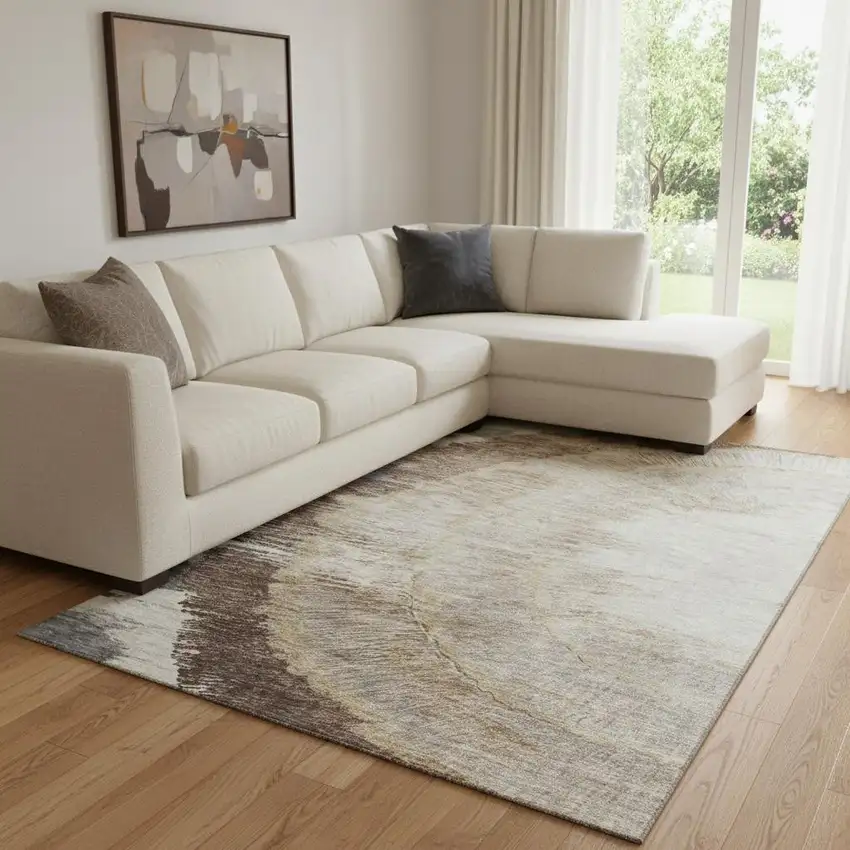 Brown Ivory And Gray Woodland Lodge Washable Area Rug With UV Protection Photo 1