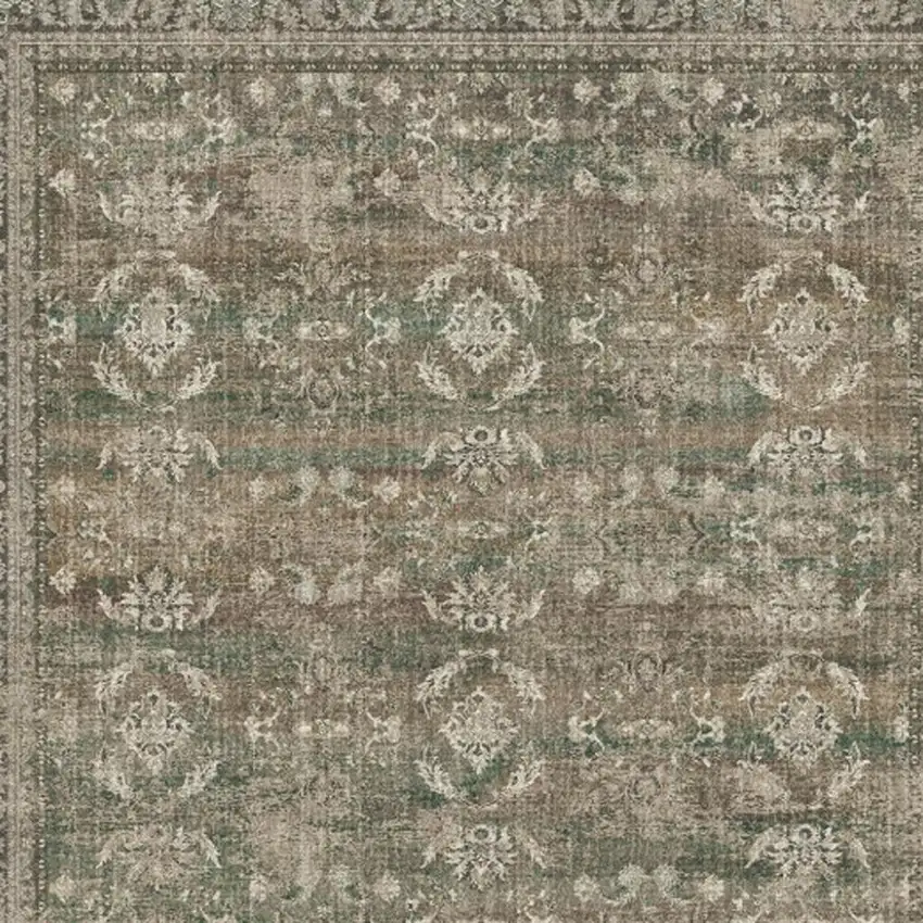 Brown Ivory And Green Floral Medallion Distressed Washable Area Rug Photo 4