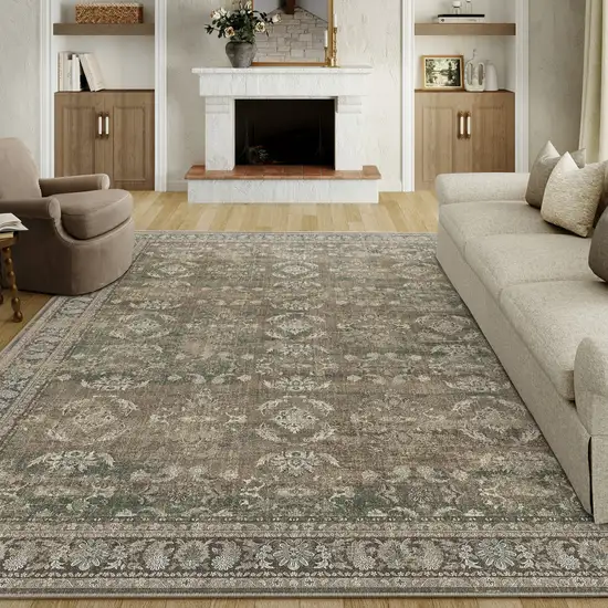 Brown Ivory And Green Floral Medallion Distressed Washable Area Rug Photo 5