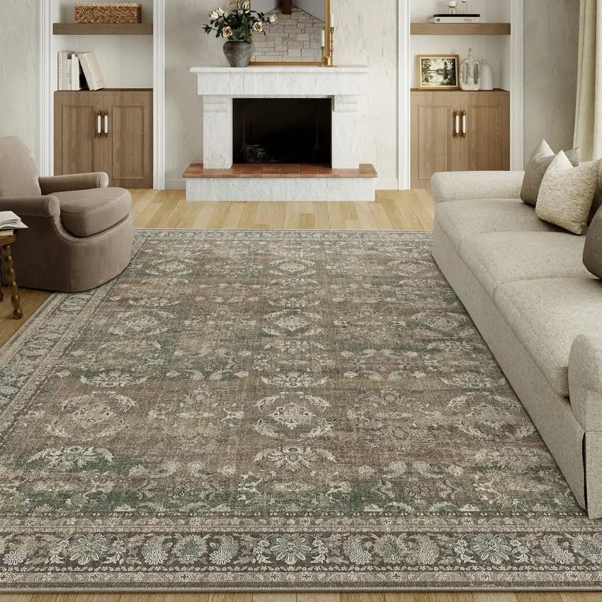 Brown Ivory And Green Floral Medallion Distressed Washable Area Rug Photo 5