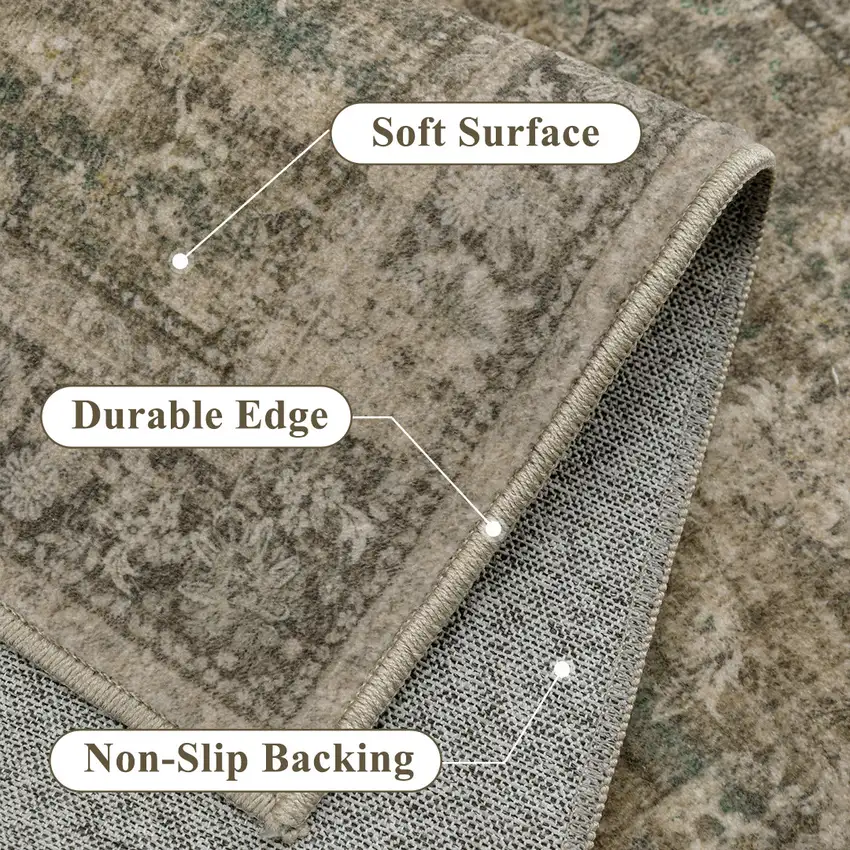 Brown Ivory And Green Floral Medallion Distressed Washable Area Rug Photo 9