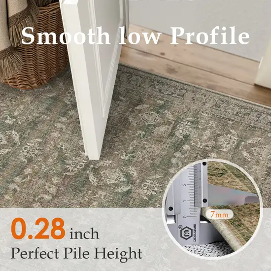 Brown Ivory And Green Floral Medallion Distressed Washable Area Rug Photo 6