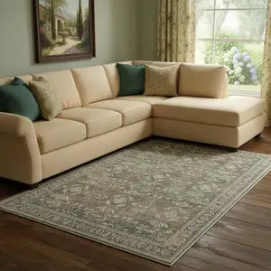 Photo of Brown Ivory And Green Floral Medallion Distressed Washable Area Rug
